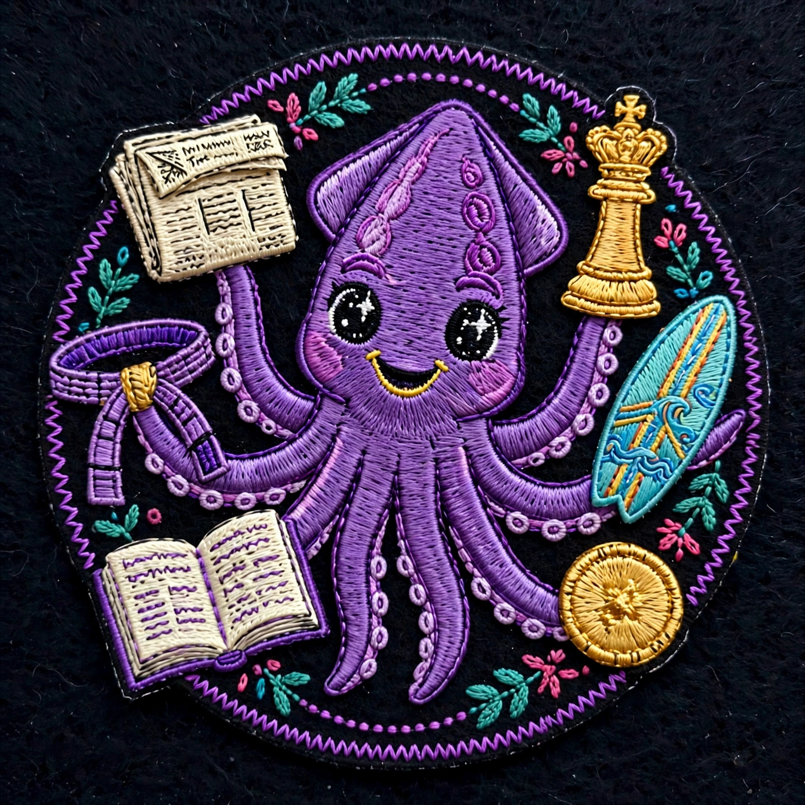 Embroidered purple squid holding a newspaper, a chess queen, a purple belt, a surfboard, a book and a gold coin